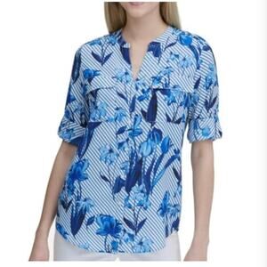 Calvin Klein Women's Printed Roll-Tab Blouse Blue Striped Floral NWOT